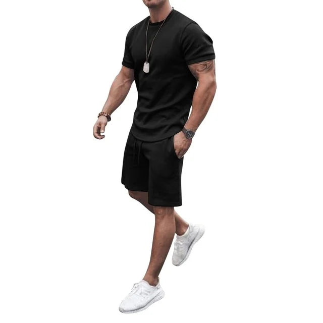 Summer Solid Black Sports Hawaiian Suit Short Sleeve - DUVAL