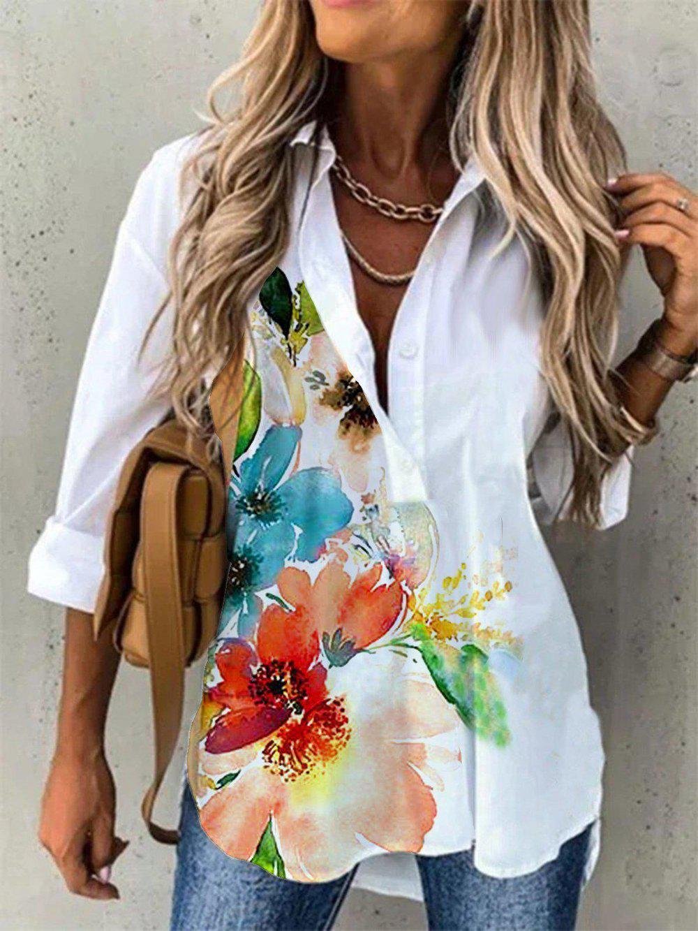 Watercolor Flower Button Front Tunic Blouse - DUVAL