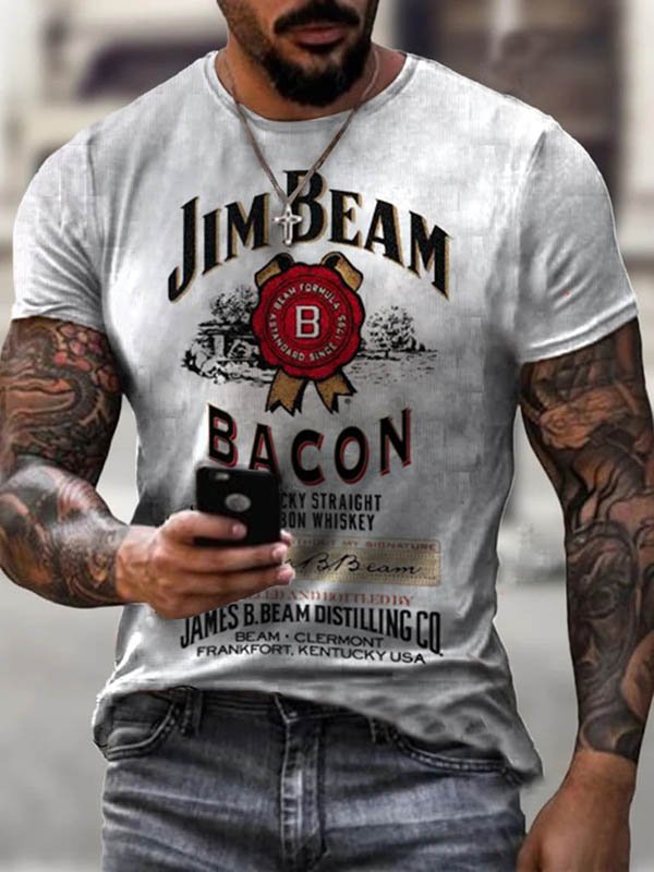 Men's Grey Round Neck Casual Jim Beam Print T-shirt