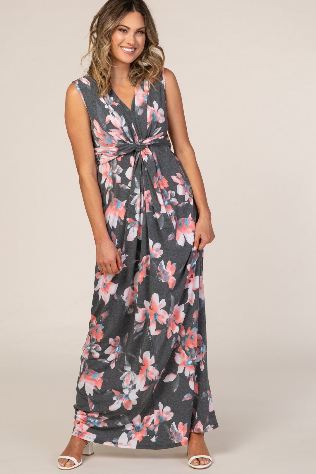 Charcoal Grey Floral Sleeveless Knot Front Maxi Dress - DUVAL