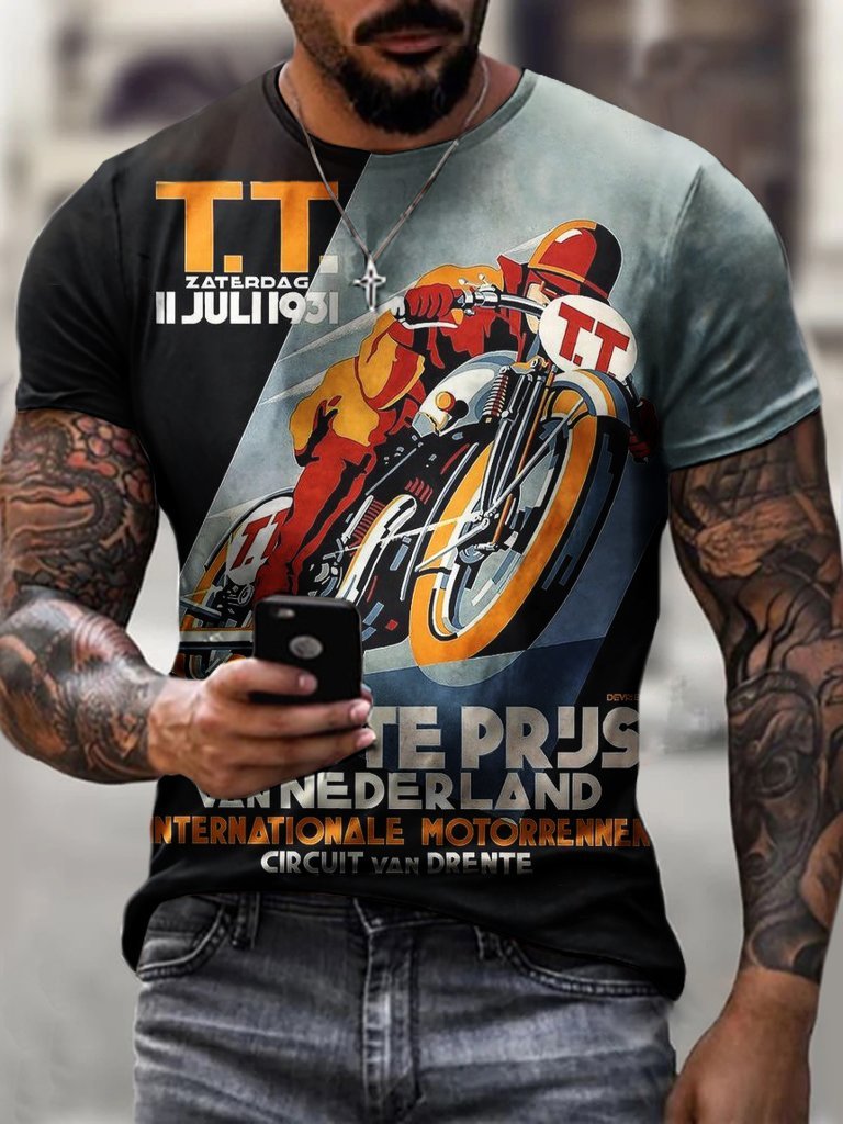 Men's Retro TT Contrast Motorcycle Print T-Shirt - DUVAL