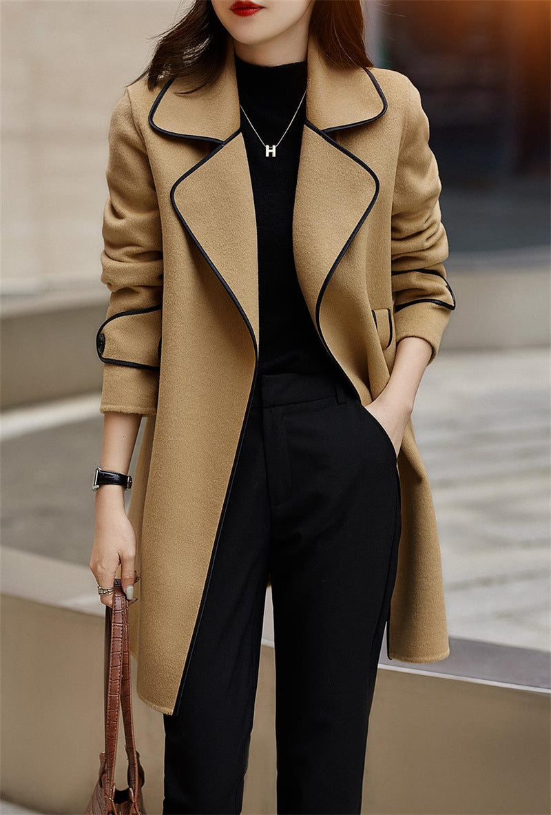 Autumn and winter mid-length slim fit tie woolen coat