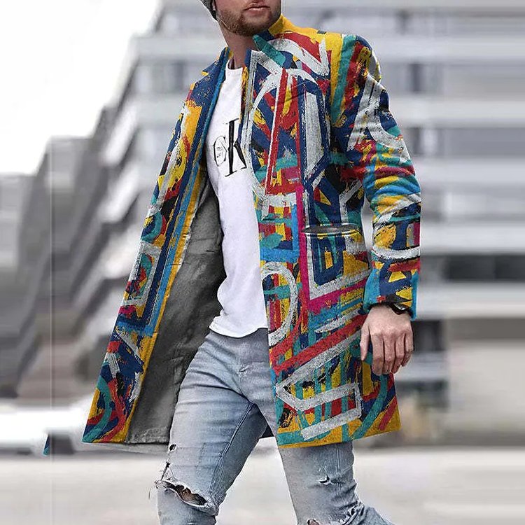 Men's Coat With Pockets Daily Wear Vacation Going out Single Breasted Turndown Streetwear Sport Casual Jacket Outerwear Graphic Gradient Ramp Front Pocket Print Green Rainbow Gray / Long Sleeve