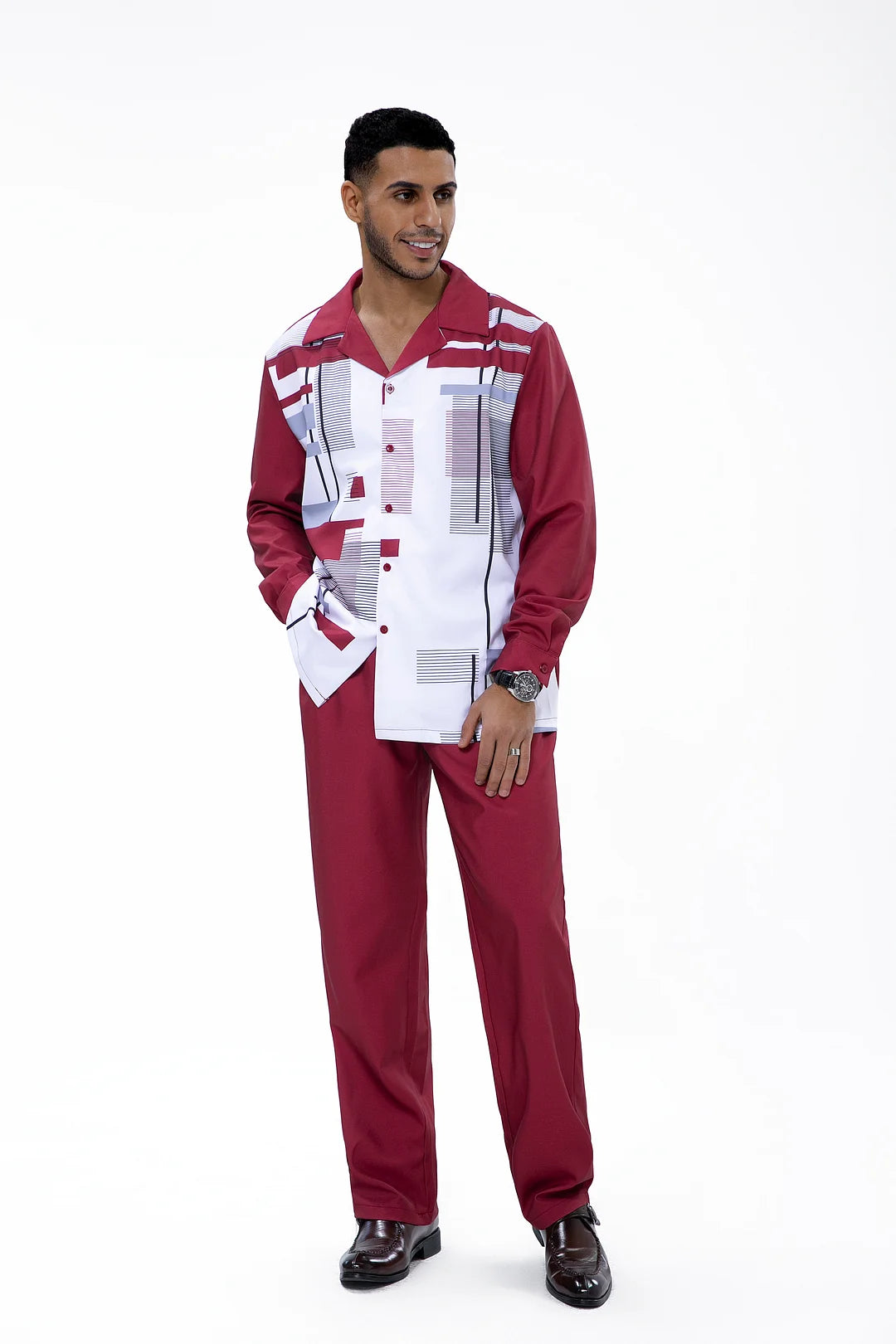 Burgundy Geometric Print Walking Suit 2 Piece LongSleeve Set - DUVAL