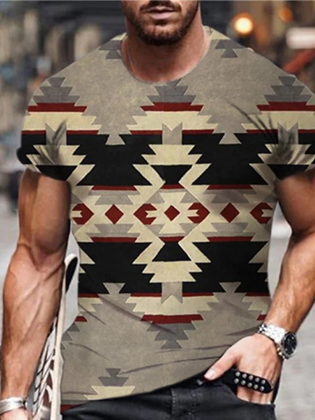 Men's  T shirt Tee 3D Print Graphic Prints Argyle Crew Neck Street Daily Print Short Sleeve Tops Designer Casual Big and Tall Western Aztec Khaki - DUVAL