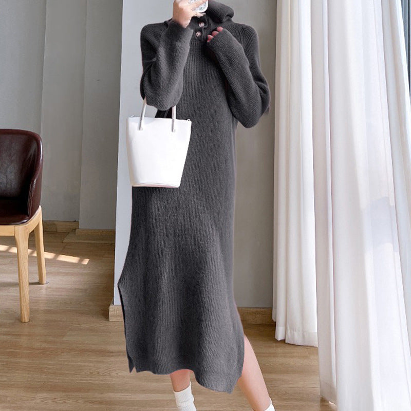 Two-wear autumn and winter loose slit knitted long dress with lapel collar