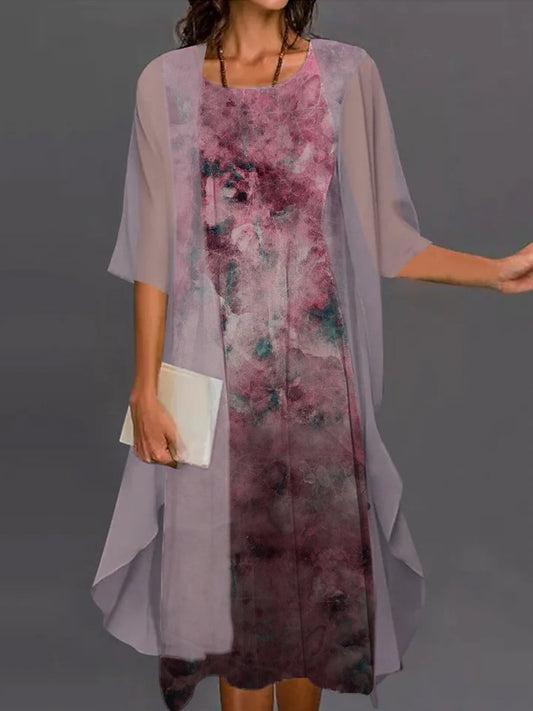 Women's Print Round Neck Elegant Two-Piece Dress - DUVAL