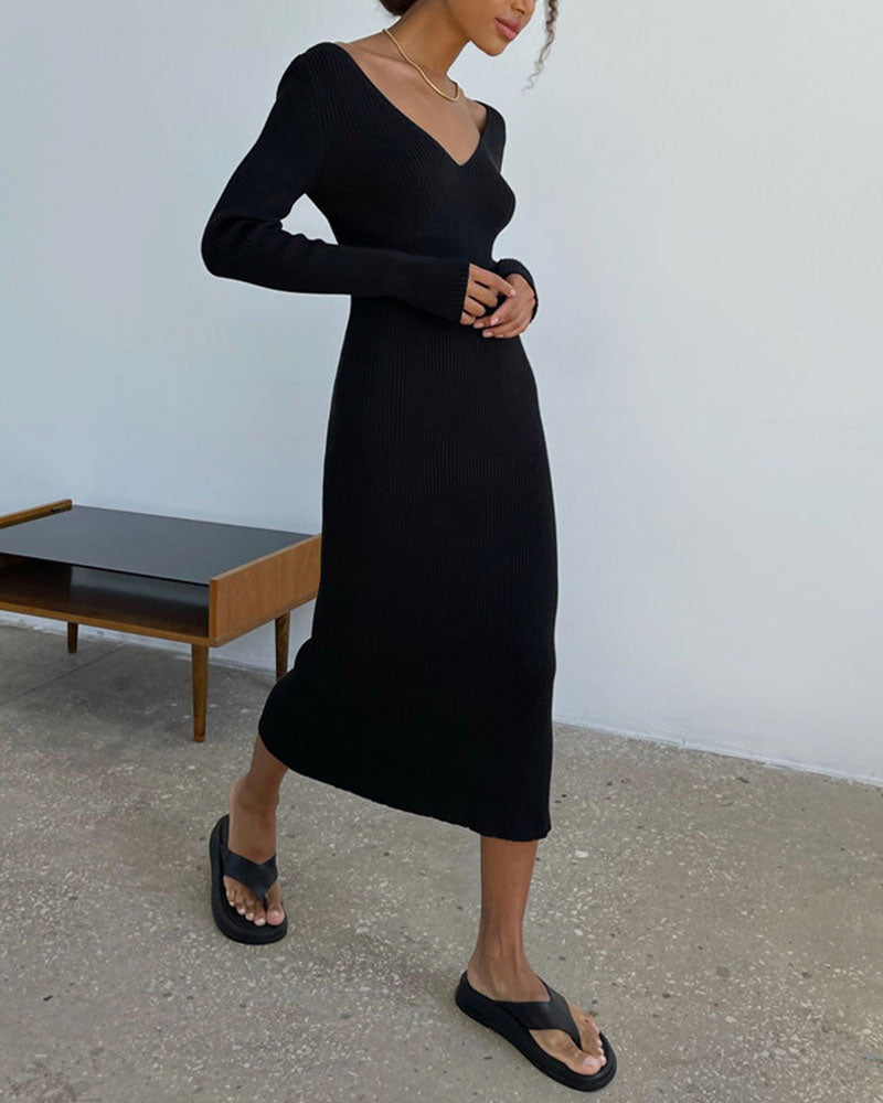 V-Neck Slit Tie Backless Sweater Dress