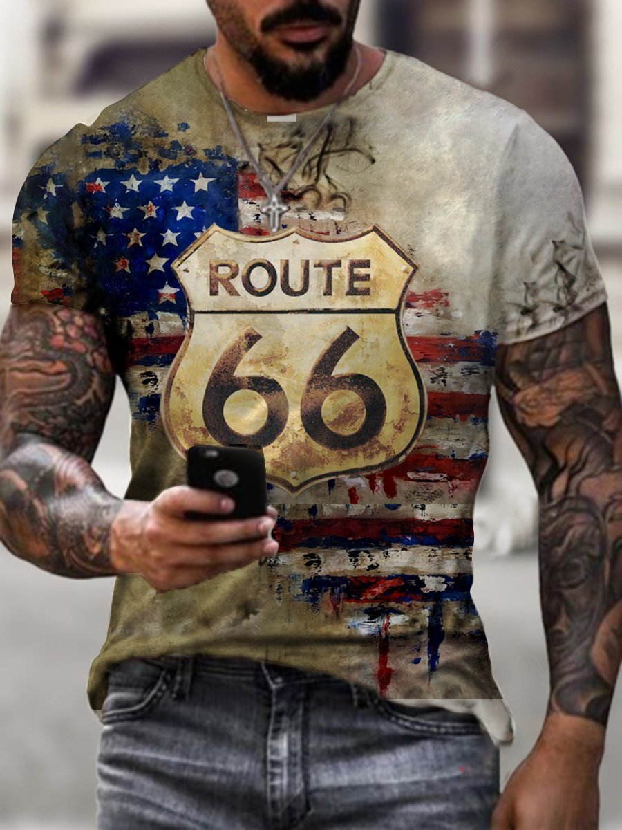 Crew Neck Route 66 American Flag Short Sleeve Tops T-Shirts - DUVAL