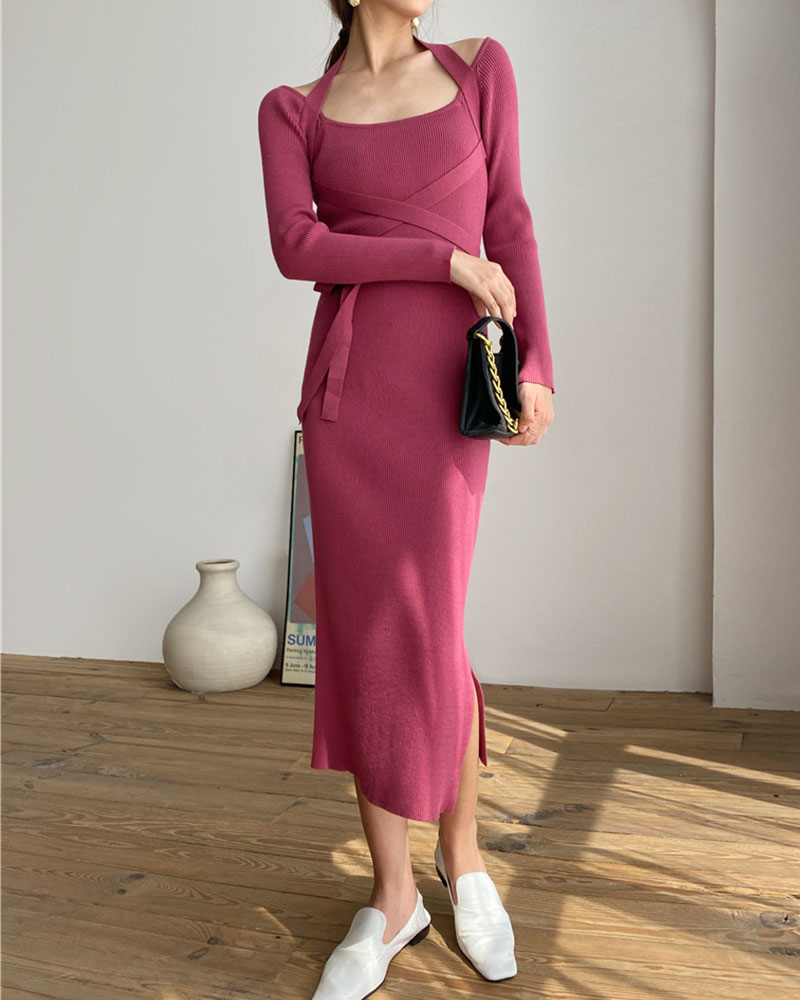 One-shoulder elegant waist-waist tie knitted dress