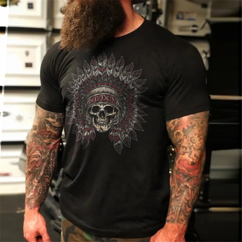 Skull Indian Style Head Dark Biker Men's T-Shirt - DUVAL