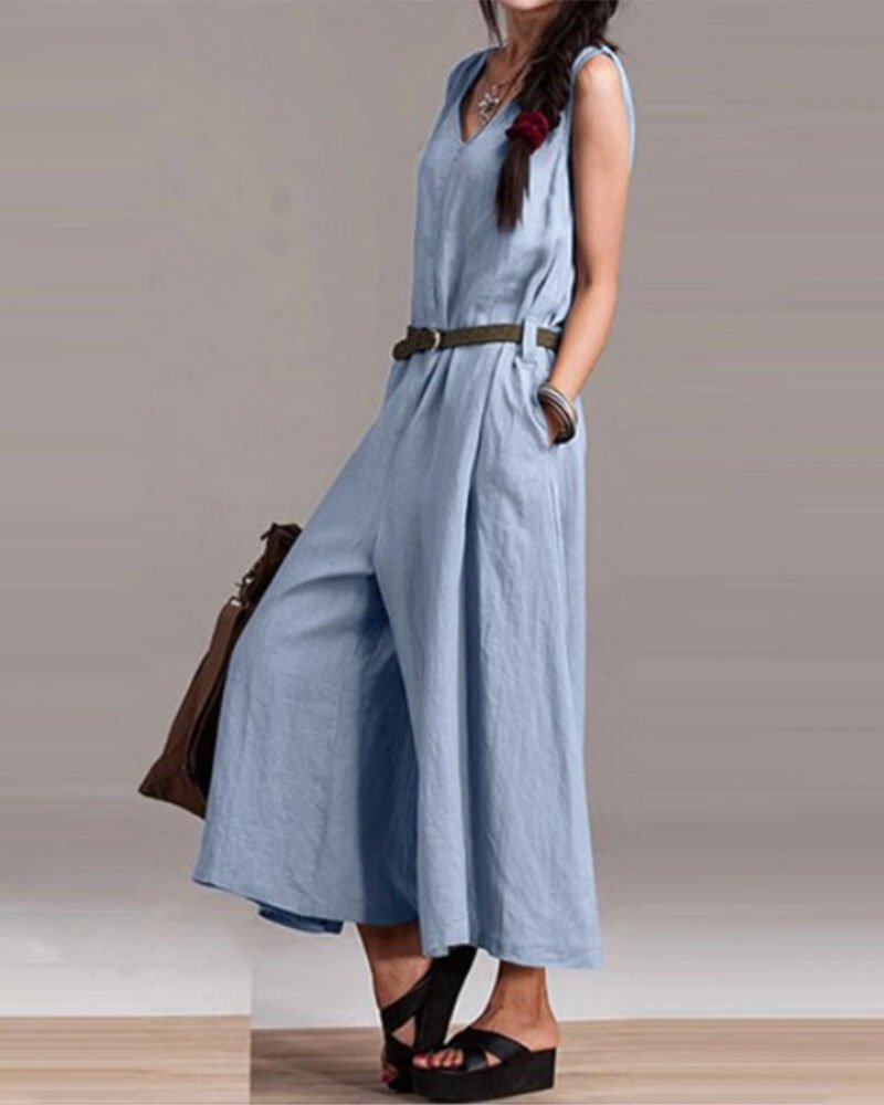 Women's Sleeveless V-Neck Cotton Linen Jumpsuit - DUVAL