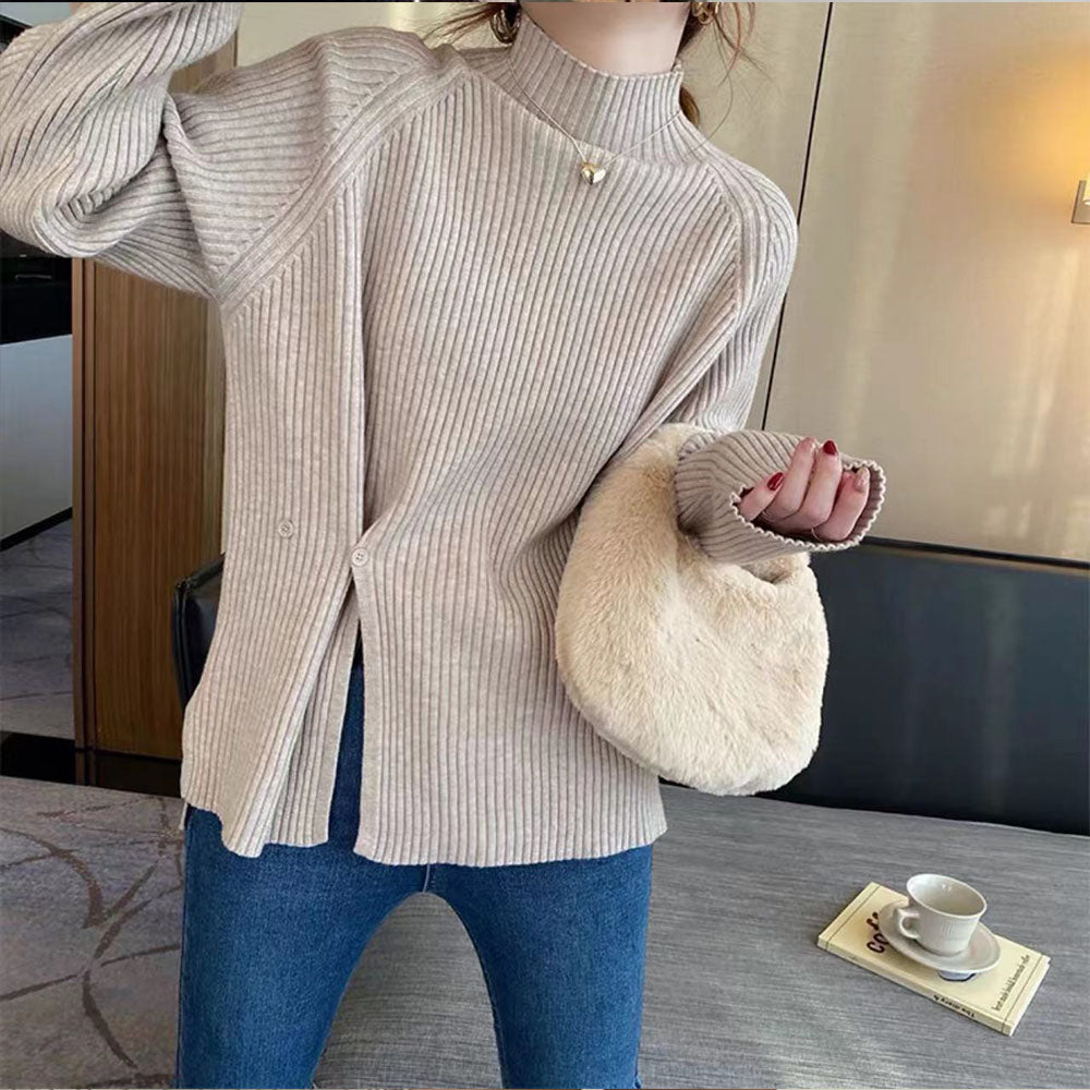 Half turtleneck slit pullover pit strip knitted top