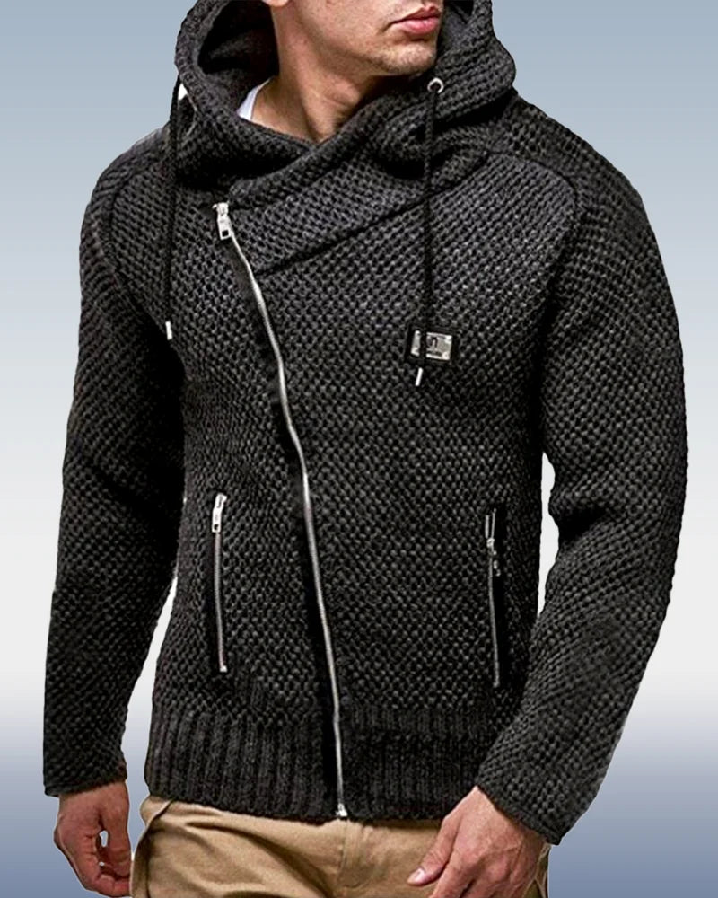 Men's Diagonal Zip Hooded Knit Sweater