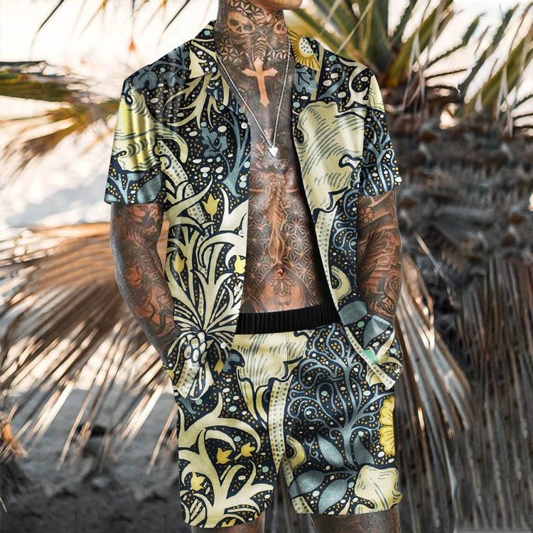 Men's Fashionable and Casual Beach Suit with Floral Print - DUVAL