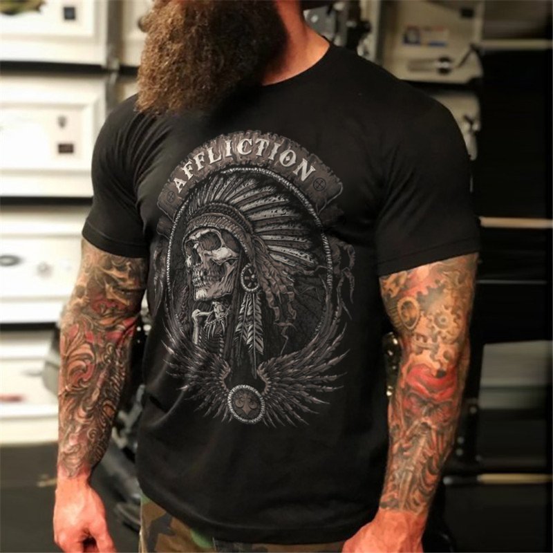 Skull Indian Style Head Dark Biker Men's T-Shirt - DUVAL
