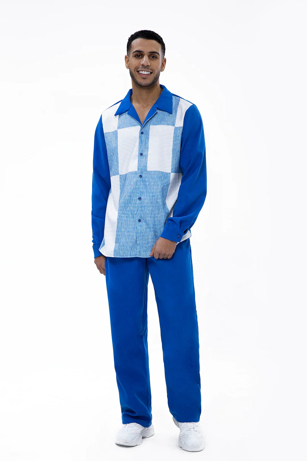 Long Sleeve Trousers Blue Suede Two-Piece Walking Set - DUVAL