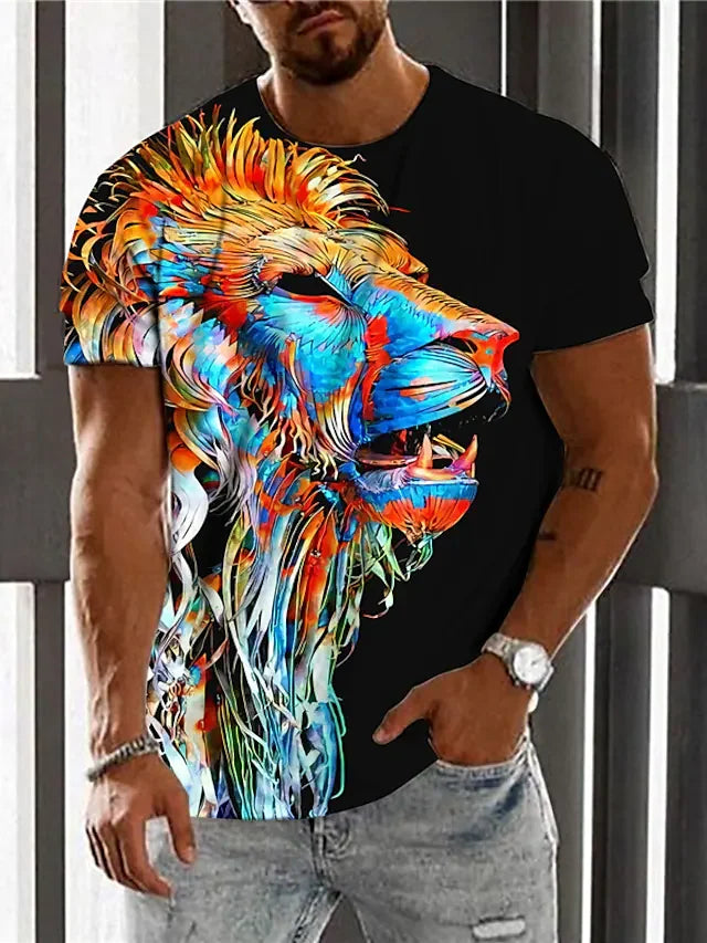 Men's  T shirt 3D Print Graphic Prints Lion Crew Neck Daily Holiday Print Short Sleeve Tops Casual Designer Big and Tall Blue - DUVAL