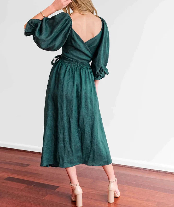 French Ruffled Lantern Sleeves Multi-wear Dress Green