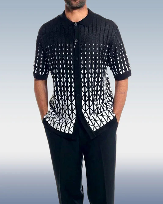 Black Criss Cross Pattern Walking Suit Short Sleeve Set - DUVAL