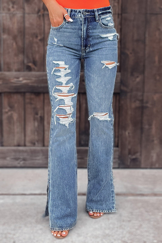 Women's washed ripped flared jeans