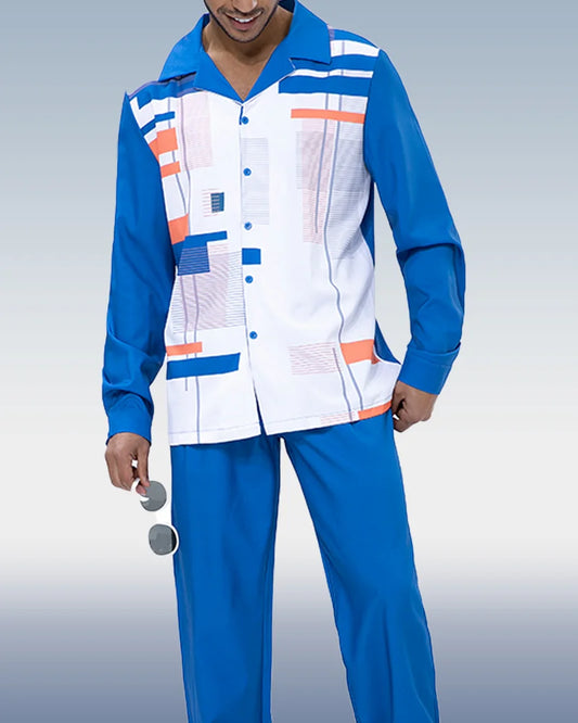 Navy Geometric Print Walking Suit 2 Piece Long Sleeve Set - DUVAL