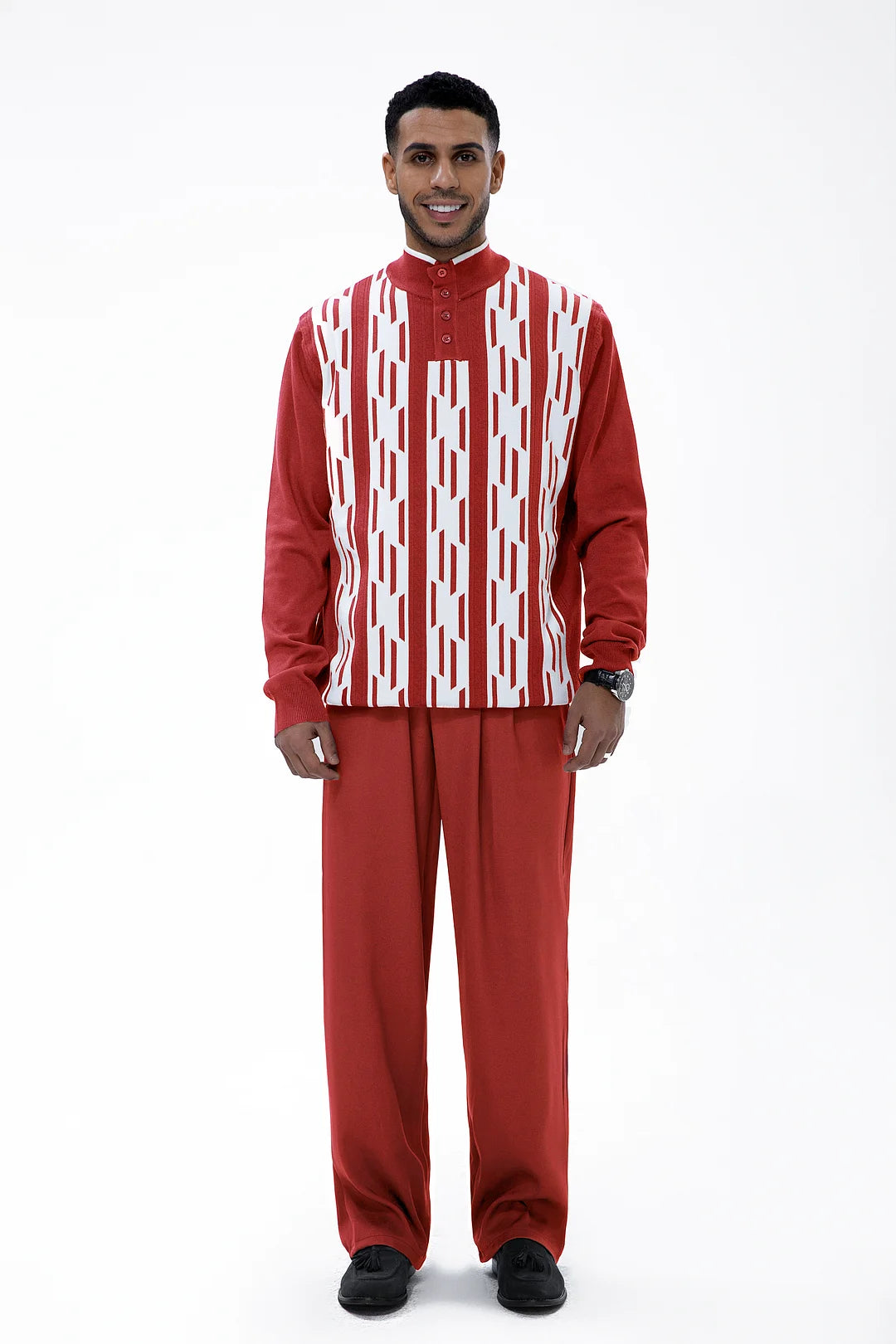 Red Knitted Walking Suit Long Sleeve Suit