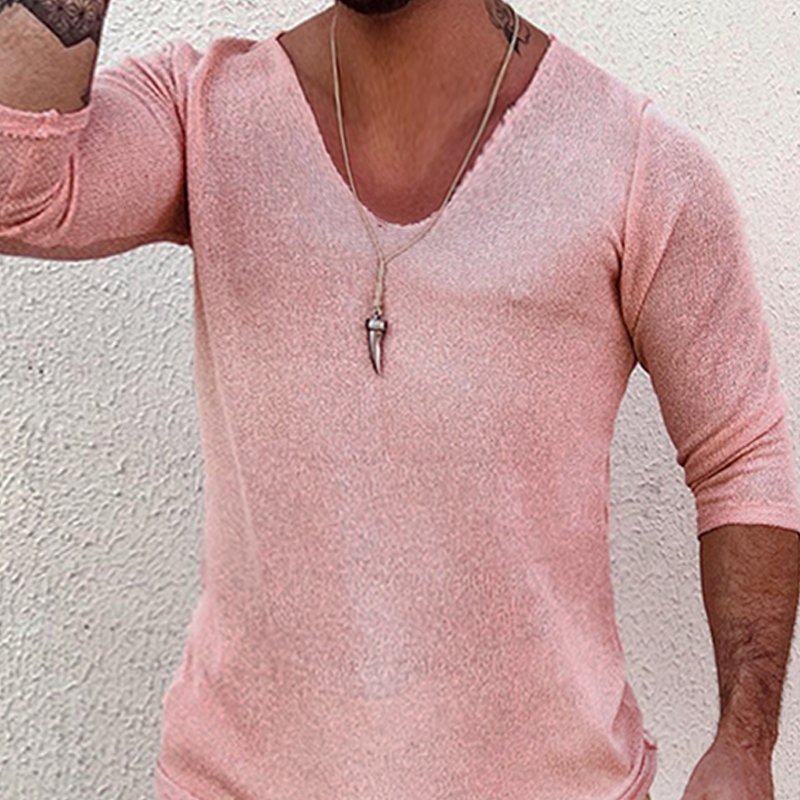 Men's Deep V Neck Breathable Linen Cotton Mid Sleeve T-Shirt - DUVAL