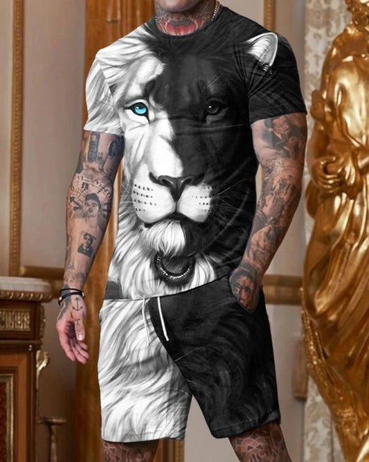 Men's Fashion Black Lion Print Short Sleeve Round Collar Suit - DUVAL
