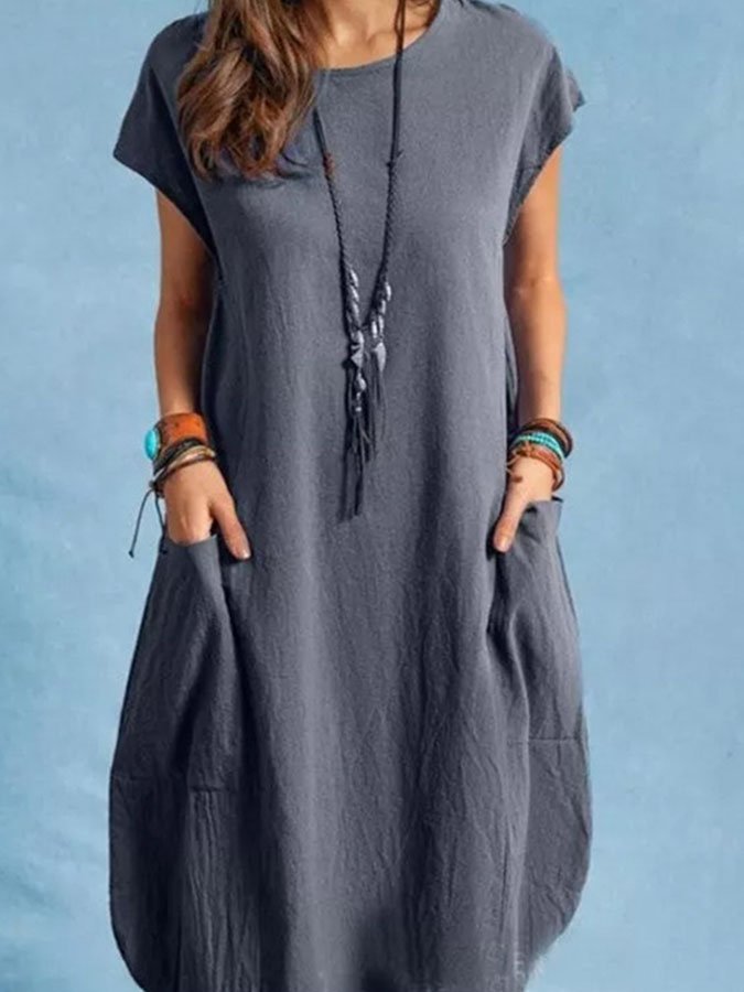 Casual Cotton and Linen Solid Color Dress - DUVAL
