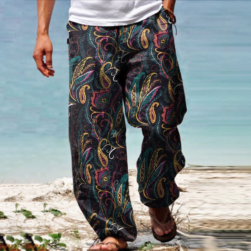 Men's Linen Western Ethnic Irregular Boho Print Double Pocket Stretch Loose Pants - DUVAL