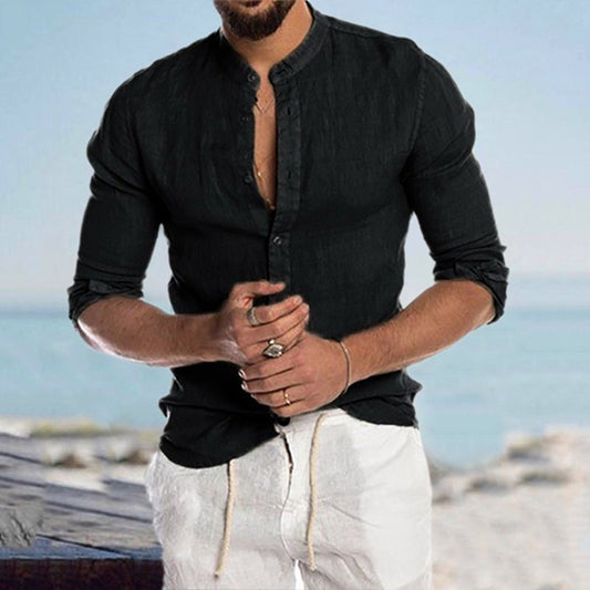 Men's Casual Linen Shirt Band Collar Long Sleeve Button Down Shirt - DUVAL