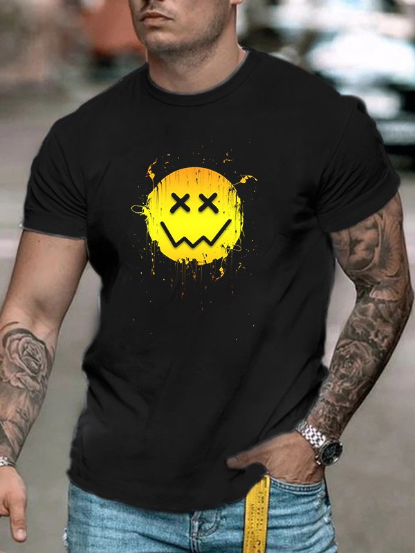 Men's Fashion Casual Black Smiling Face Printed T-Shirt - DUVAL