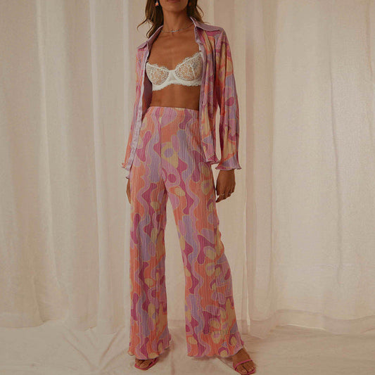 Printed Pleated Long Sleeves Spring and Summer 2 Pieces Suit