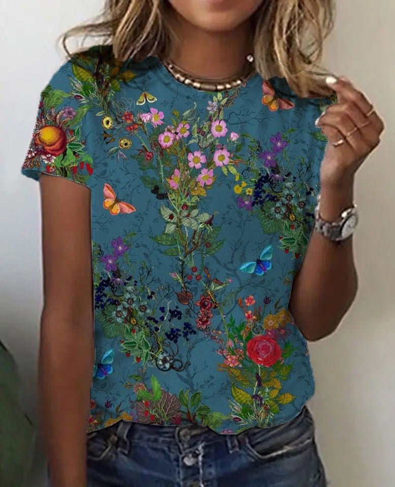 Turquoise Floral Garden Butterfly Print Short Sleeve Top - DUVAL