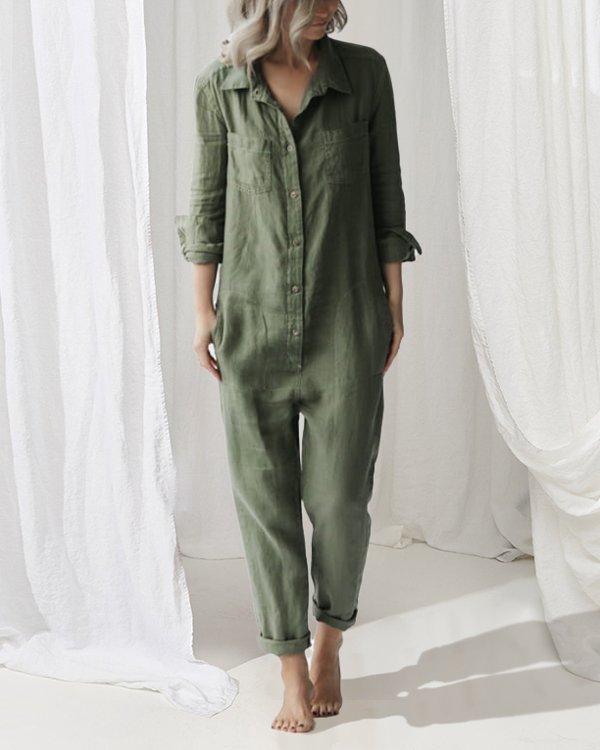 Casual lapel pocket long sleeve solid color cotton jumpsuit - DUVAL