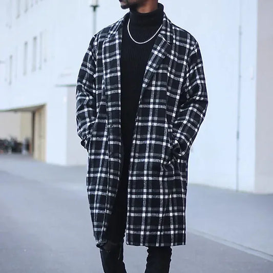 Men's Coat Daily Winter Polyester Windproof Single Breasted Stylish Print Coat Stripes and Plaid Pocket Lapel / Long Sleeve / Long - DUVAL