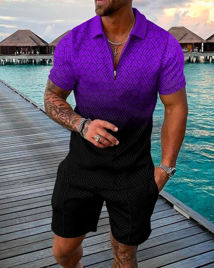 Men's Casual Purple Printed Polo Suit - DUVAL