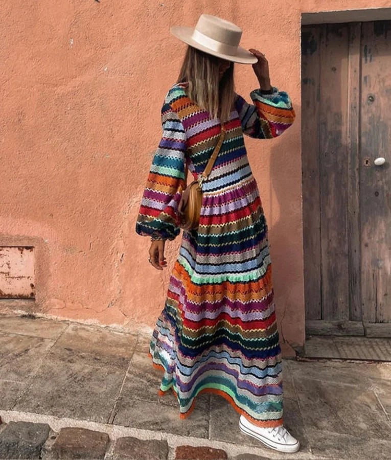 Mesh Multicolor Lantern Sleeves Maxi Dress