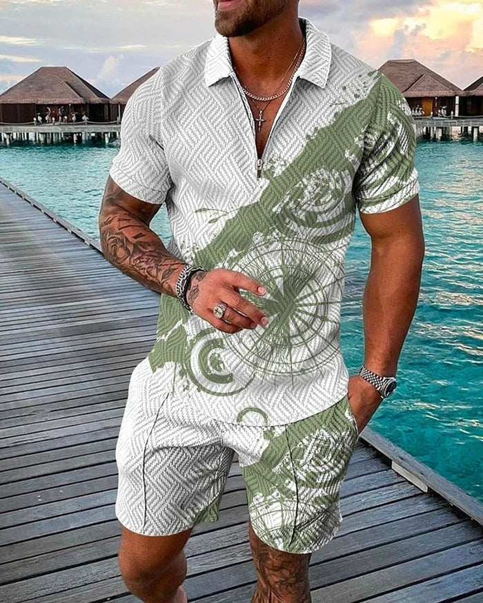 Men's Casual White/Green Printed Polo Suit