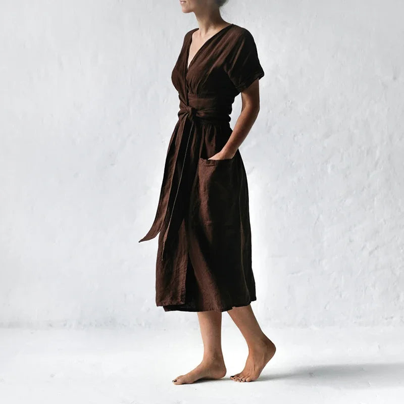 Women's Fashion V Neck Belt High Waist Short Sleeves Cotton- Linen Dress - DUVAL