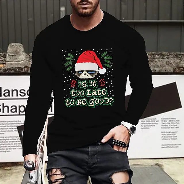 Men's T shirt Tee Graphic Cartoon Crew Neck Black Hot Stamping Christmas Street Long Sleeve Print Clothing Apparel Fashion Designer Casual Comfortable / Sports