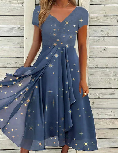 Blue Short Sleeve Star Print Midi Dress - DUVAL