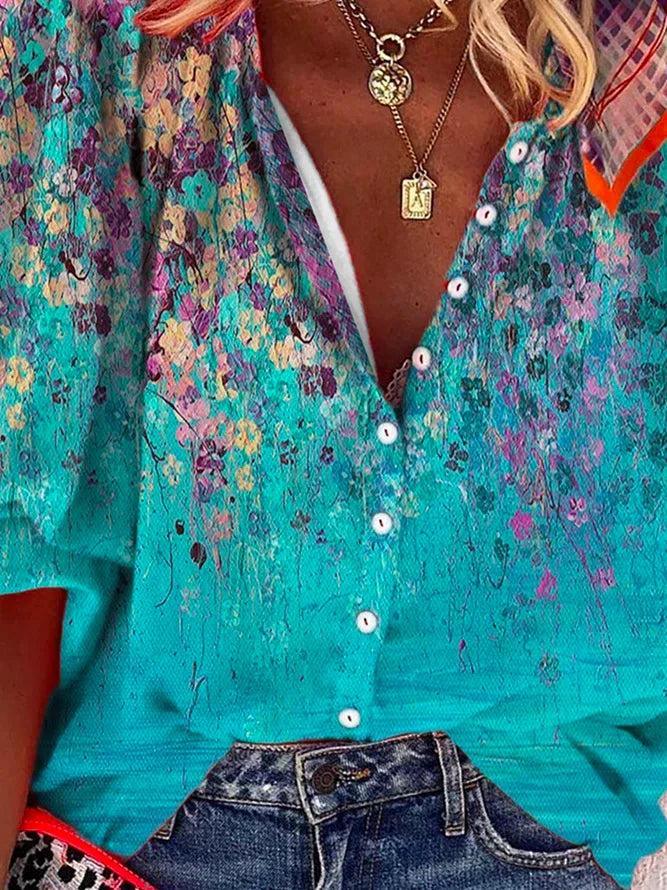 Vintage Half Sleeve Floral Printed V Neck Plus Size Casual Tops - DUVAL