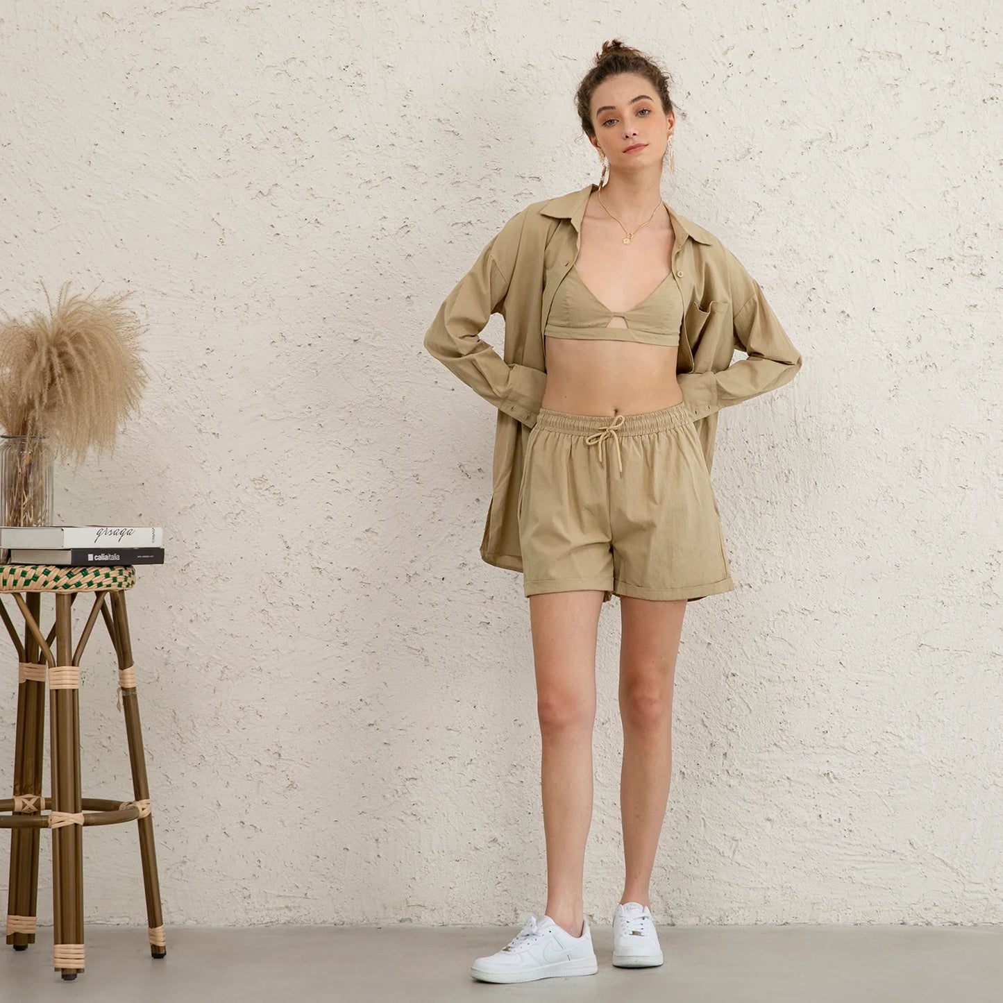 Casual 3-pieces Set In Khaki (Bustier top +Shirt+Shorts)