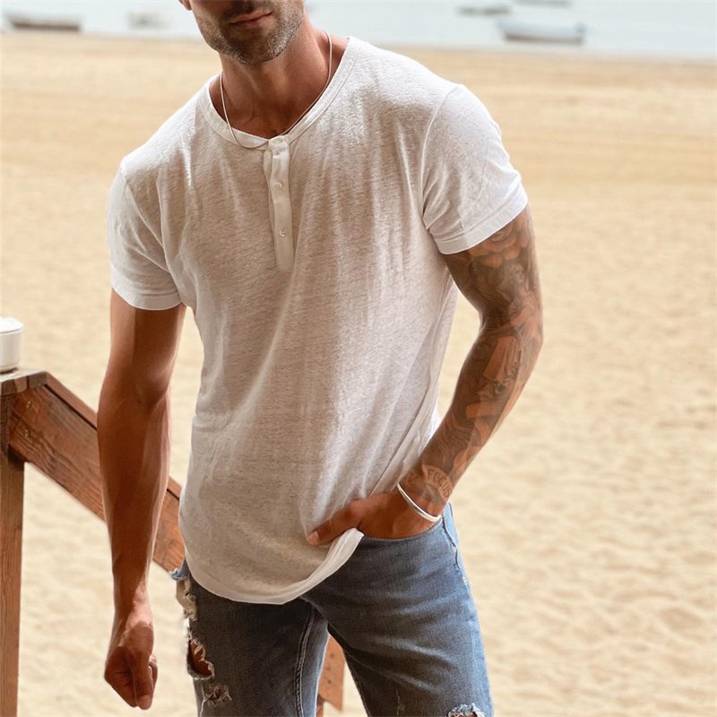 Men's Resort Style Crew Neck Linen T-Shirt - DUVAL