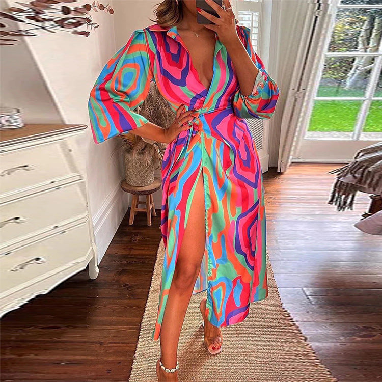 Stylish Balloon Sleeve Lace-Up Slit Dress