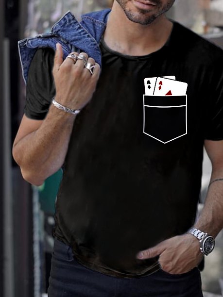 Men's Fashion Casual Black Poker Printed T-Shirt - DUVAL