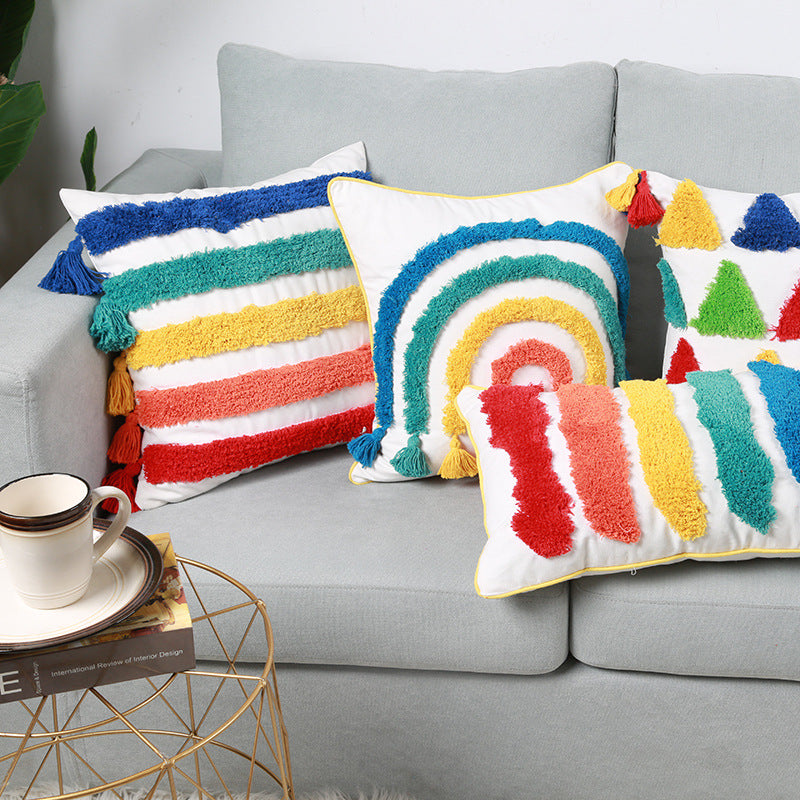 Rainbow tufted embrace embroidery pillow cover