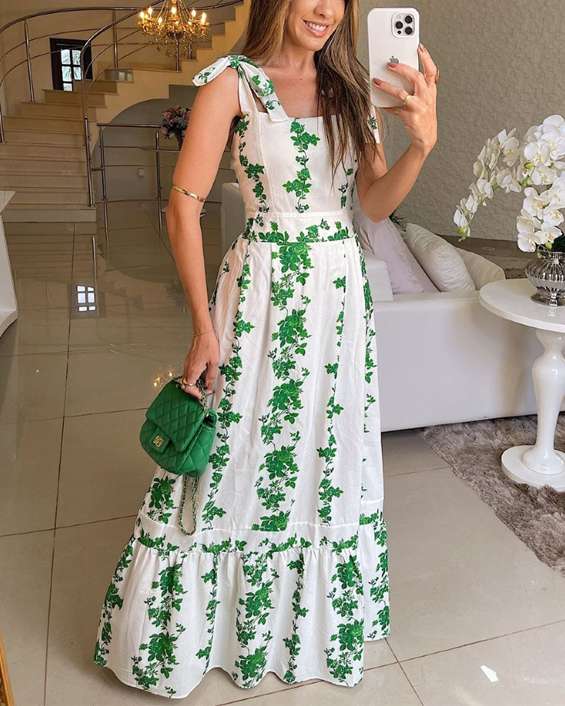 Vegetal Print Green Dress